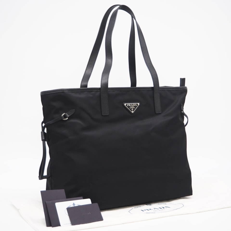 美品 PRADA プラダ テスート レザー ロゴプレート トートバッグ 1BG401 トートバッグ ブラック ナイロン レザー レディース