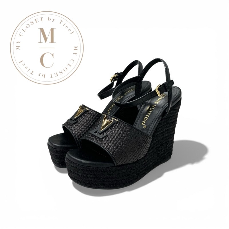 ルイヴィトン LOUIS VUITTON マレライン サンダル 靴 シューズ ラフィア レザー ブラック 黒 ゴールド LVロゴ ウェッジソール ストラップ