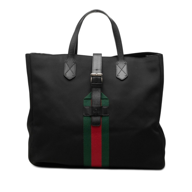 グッチ シェリーライン トートバッグ ブラック キャンバス レザー レディース GUCCI 【中古】