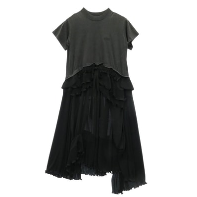 BALENCIAGA バレンシアガ 725106 TLO32 フリル プリーツ ドッキング 切り替え Tシャツ 半袖 ワンピース ブラック系 34【中古】