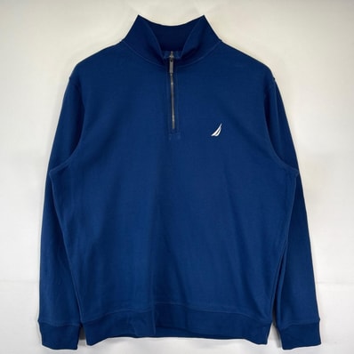 古着 ノーティカ NAUTICA スウェット 大きいサイズ ハーフジップ トレーナー ワンポイントロゴ刺繍 2XL ブルー系 メンズ
