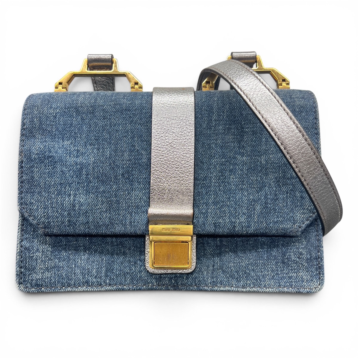 MIUMIU 希少 美品 ミュウミュウ MADRAS マドラス デニム ショルダーバッグ 5BH069 レザー ブルー シルバー クロスボディ ポシェット miumiu ABランク 中古 鑑定済 ミュウミュウバッグ