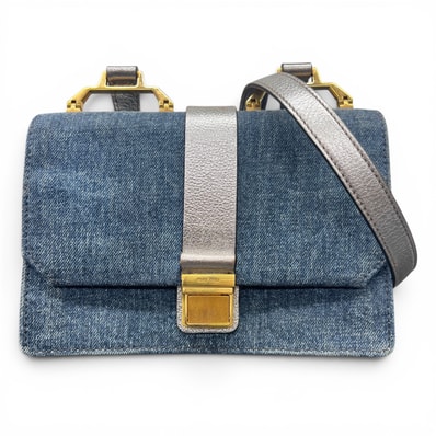 MIUMIU 希少 美品 ミュウミュウ MADRAS マドラス デニム ショルダーバッグ 5BH069 レザー ブルー シルバー クロスボディ ポシェット miumiu ABランク 中古 鑑定済 ミュウミュウバッグ