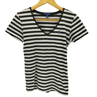 ポニー刺繍 Vネック ボーダー 半袖 Tシャツ【1143160800246】