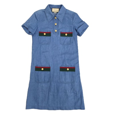 【値下げ】GUCCI グッチ シェリーライン 金ボタン ブルー デニム 半袖 ワンピース ワンピース 753515 XDCMH 36 コットン レディース【中古】