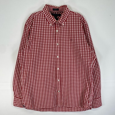 古着 トミーヒルフィガー TOMMY HILFIGER 長袖シャツ ロゴ 刺繍 ギンガム ボタンダウン M レッド チェック メンズ