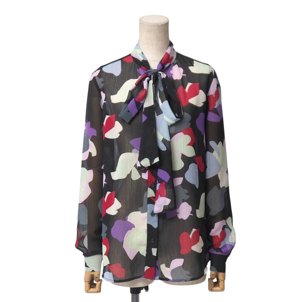 ■美品■Emporio Armani エンポリオ・アルマーニ ブラウス サイズ38 リボンタイ 総柄 長袖 シアー シャツ ブランド古着【中古】20251114/RA6611