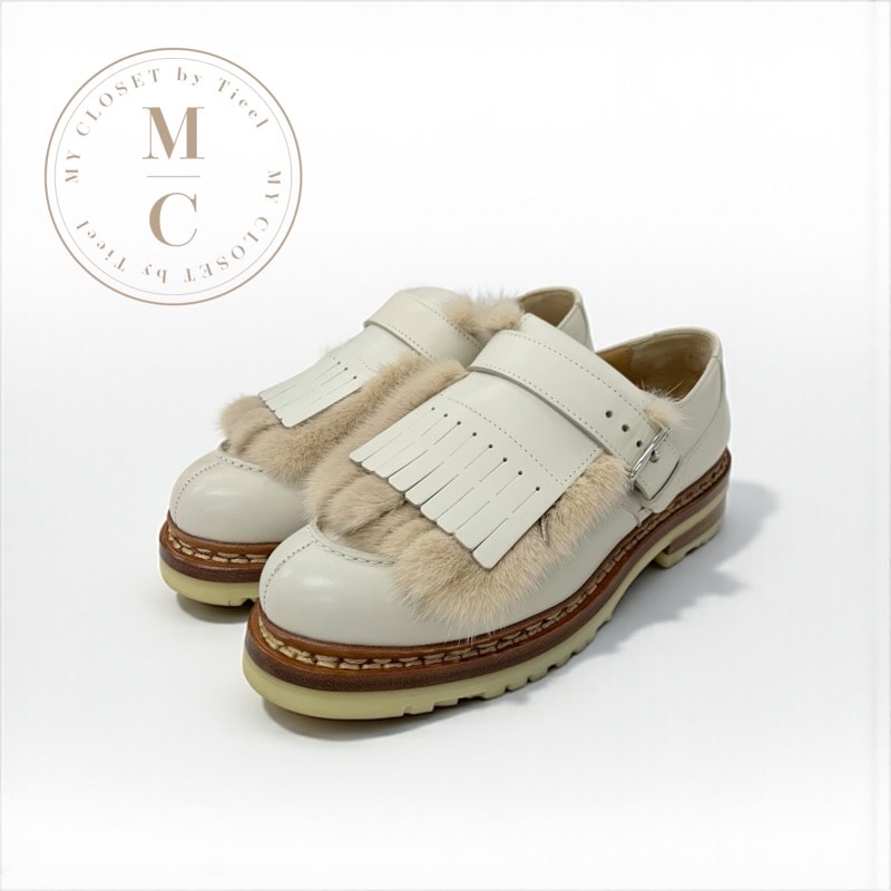 エルメス HERMES ローファー 革靴 靴 シューズ レザー ファー ベージュ フリンジ タッセル ダービー