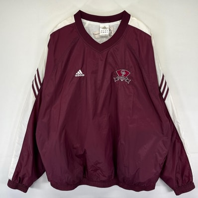 古着 アディダス adidas ジャケット ナイロンプルオーバー ワンポイント Vネック チームロゴワッペン ラグラン 3XL レッド系 メンズ