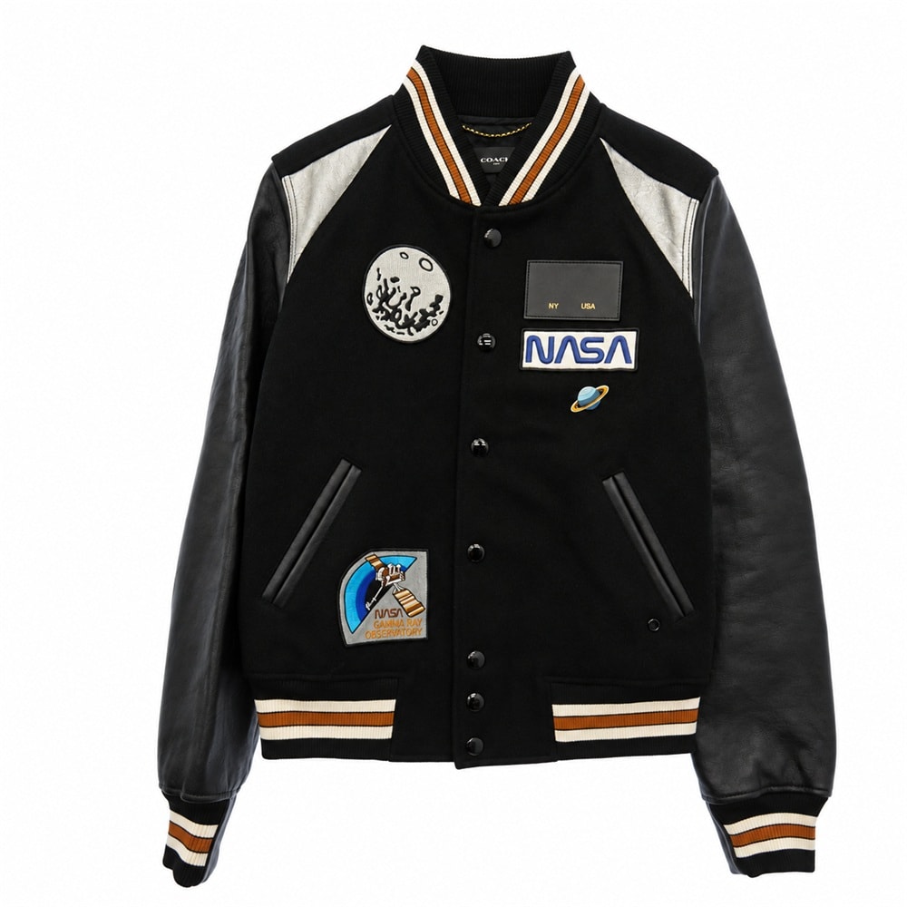 COACH コーチ Space NASA 2017年カプセルコレクション スタジアムジャンパー 袖レザー ブルゾン ブラック系【中古】