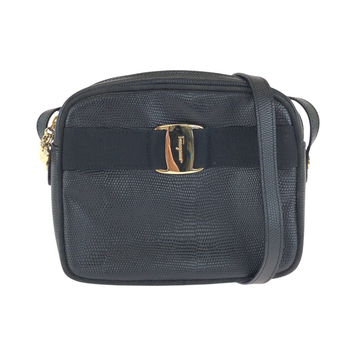美品 Salvatore Ferragamo サルヴァトーレフェラガモ ヴァラ 型押し ブラック 黒 ゴールド金具 レザー ショルダーバッグ ポシェット 602864 【中古】