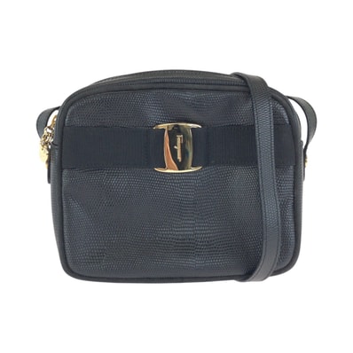 美品 Salvatore Ferragamo サルヴァトーレフェラガモ ヴァラ 型押し ブラック 黒 ゴールド金具 レザー ショルダーバッグ ポシェット 602864 【中古】