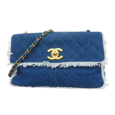 【6kd3363】シャネル ショルダーバッグ デカマトラッセ チェーンショルダー デニム ブルー ゴールド金具【中古】レディース