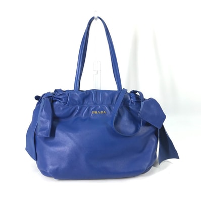 プラダ PRADA リボン ロゴ 斜め掛け 2WAY ショルダーバッグ カバン トートバッグ ハンドバッグ レザー ブルー