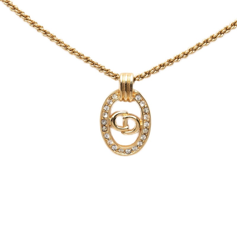 ディオール サークル CDロゴ  チェーン ネックレス ペンダント ゴールド メッキ ラインストーン レディース Dior 中古