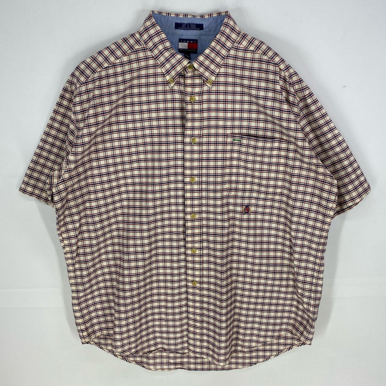 古着 90's/90年代 トミーヒルフィガー TOMMY HILFIGER 半袖シャツ ボタンダウン 刺繍ロゴ XL ベージュ系 チェック メンズ