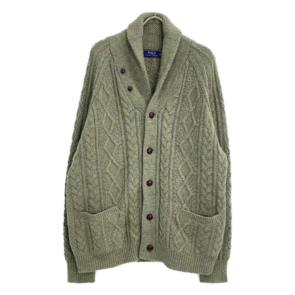 ポロ ラルフローレン グリーン カシミヤウール混 ケーブル編み クルミボタンショールカラーカーディガン XXL