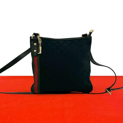 GUCCI グッチ シェリーライン キャンバス レザー ショルダーバッグ ブラック
81026