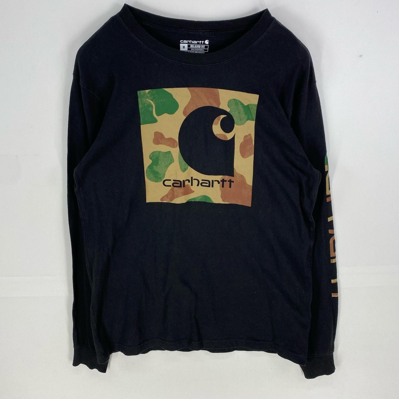 古着 カーハート Carhartt 長袖Tシャツ クルーネック ロゴプリント ロングスリーブ M ブラック系 袖プリント メンズ