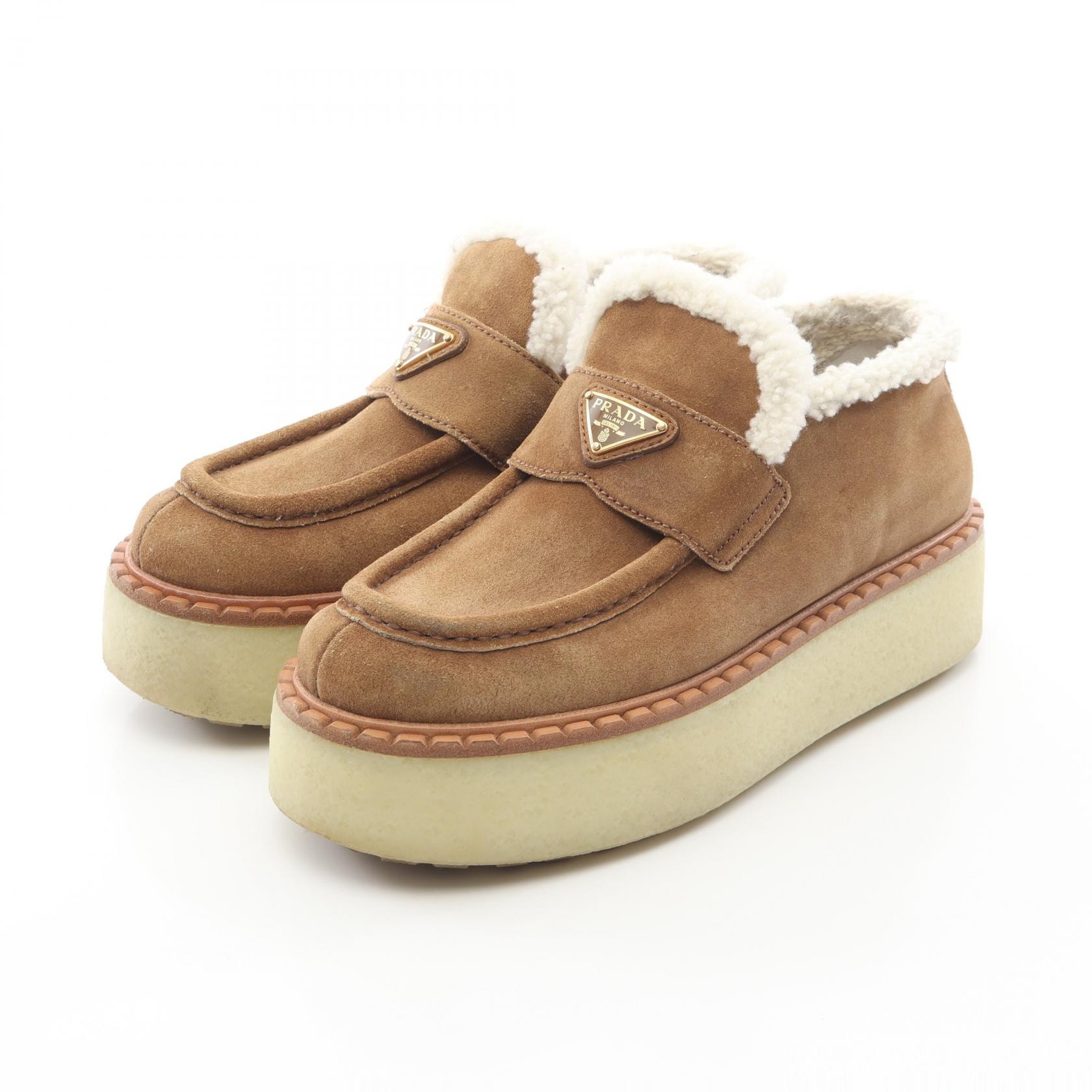 プラダ PRADA トライアングルロゴ ローファー 靴 スウェード レディース ブラウン系 【中古】