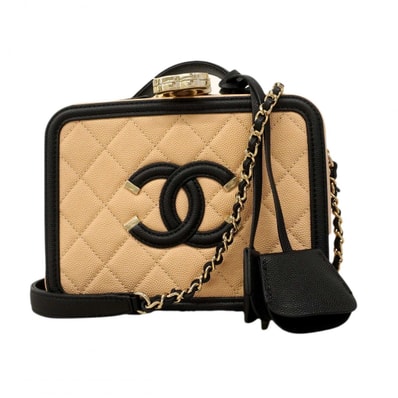 【6dc3667-k】シャネル ハンドバッグ チェーンショルダー CCフィリグリー キャビアスキン ベージュ ブラック シャンパンゴールド金具 2wayバッグ【中古】レディース