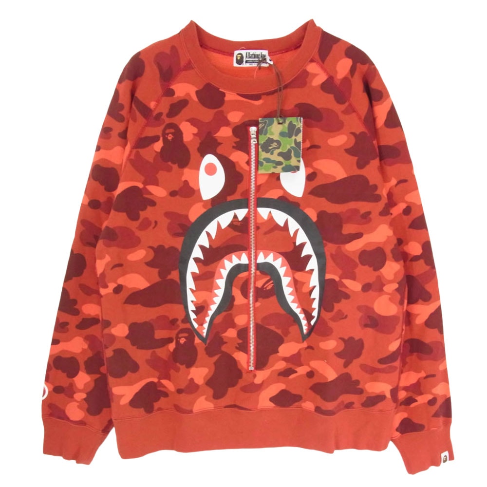 A BATHING APE アベイシングエイプ スウェット Camo Shark Crew Sweatshirt ZIP カラーカモ シャークプリント カモフラ クルーネック スウェット フロント リアル ジップ ポケット レッド系 XL【美品】【中古】