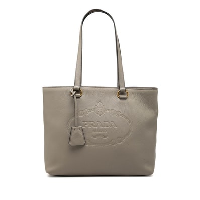 プラダ ロゴエンボス トートバッグ ショルダーバッグ グレー レザー レディース PRADA 【中古】
