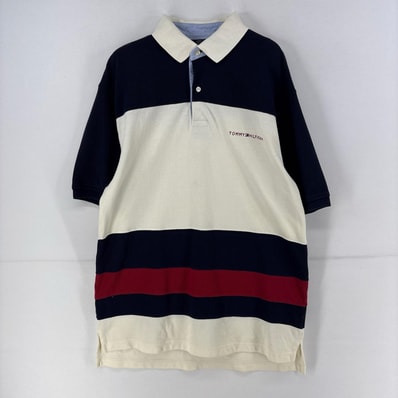 古着 トミーヒルフィガー TOMMY HILFIGER 半袖シャツ ワンポイントロゴ 刺繍 ポロシャツ ボーダー 鹿の子 S ネイビー メンズ