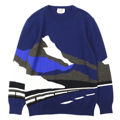 【極美品】HERMES エルメス エンドレスロード ニット サイズ M メンズ マウンテン モチーフ 18AW カシミヤ100% クルーネック 長袖 トップス ブルー系 青 イタリア製