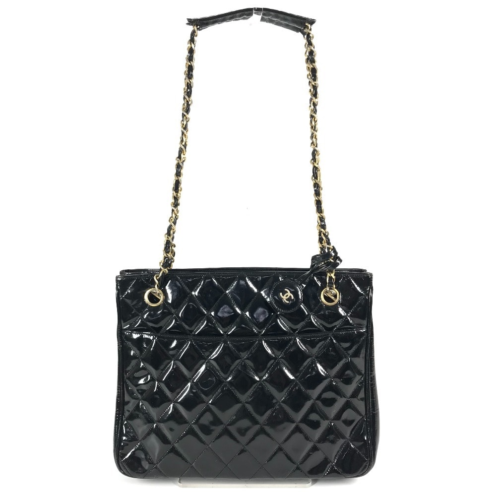 シャネル CHANEL キルティング マトラッセ ヴィンテージ Wチェーンバッグ カバン トートバッグ ショルダーバッグ エナメル ブラック