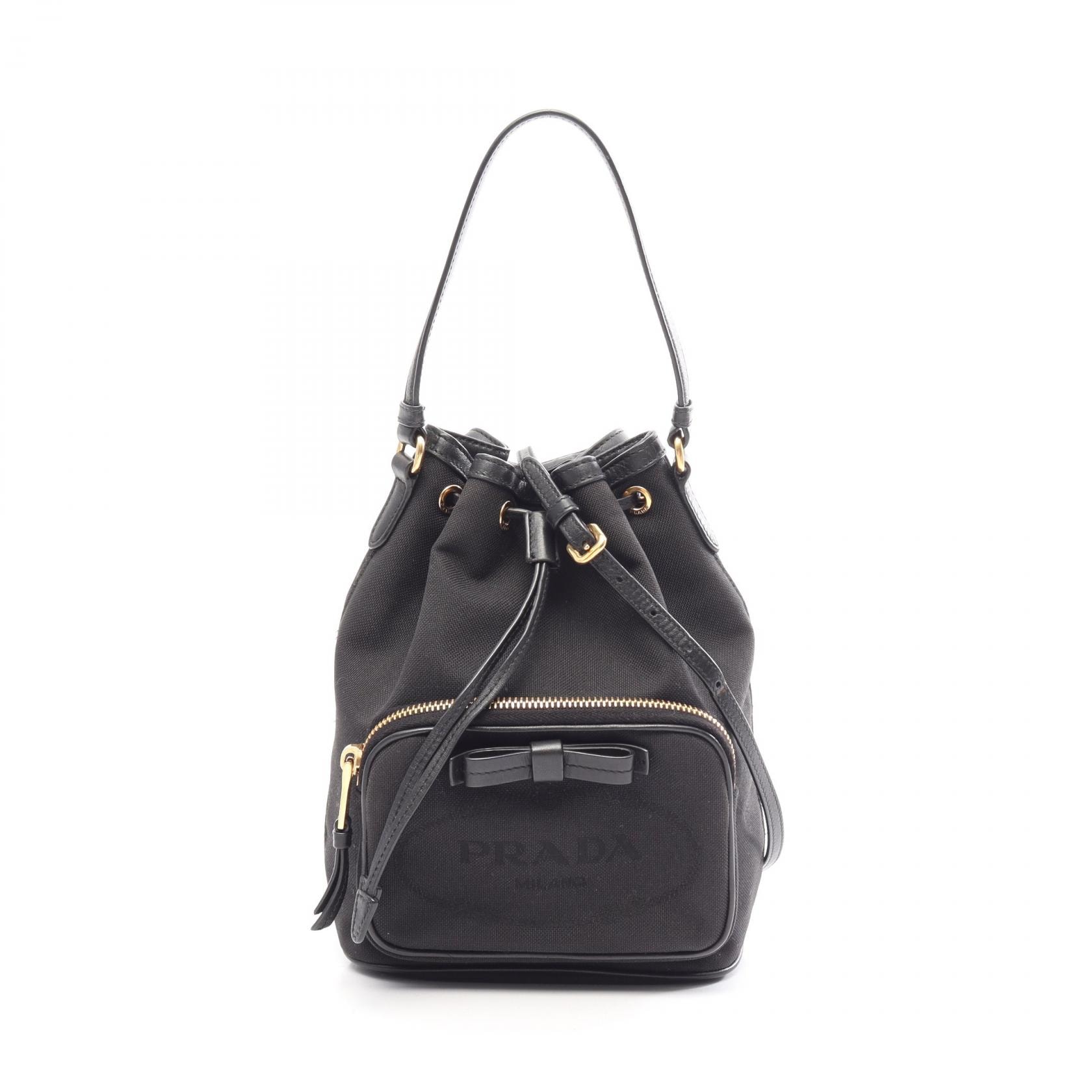 プラダ PRADA LOGO JACQUARD ロゴジャガード リボン ドローストリング 2WAY ハンドバッグ バッグ キャンバス レザー レディース ブラック系 【中古】