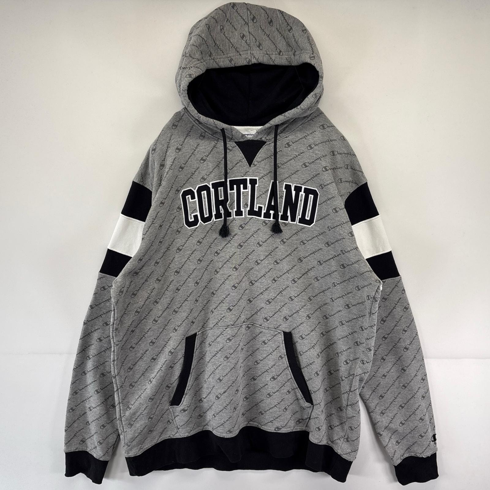 古着 チャンピオン Champion パーカー スウェット プルオーバー 総柄 大きいサイズ フーディ 3XL グレー メンズ