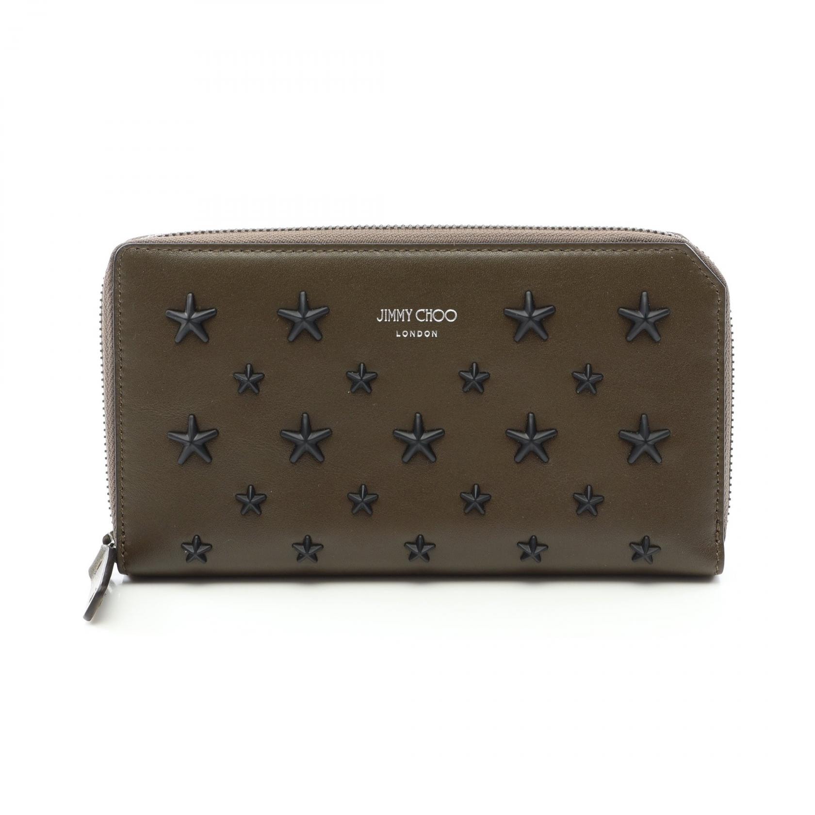 ジミーチュウ JIMMY CHOO CARNABY カーナビー スタースタッズ ラウンド長財布 財布 レザー メンズ カーキ系 【中古】