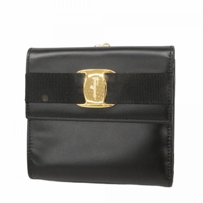 【6dc2524】サルヴァトーレフェラガモ 財布 ヴァラ レザー ブラック シャンパンゴールド金具【中古】レディース