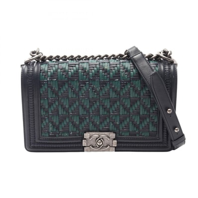 シャネル CHANEL ボーイシャネル 編み込み ショルダーバッグ バッグ レザー レディース ネイビー系 / グリーン系 A67086 【中古】