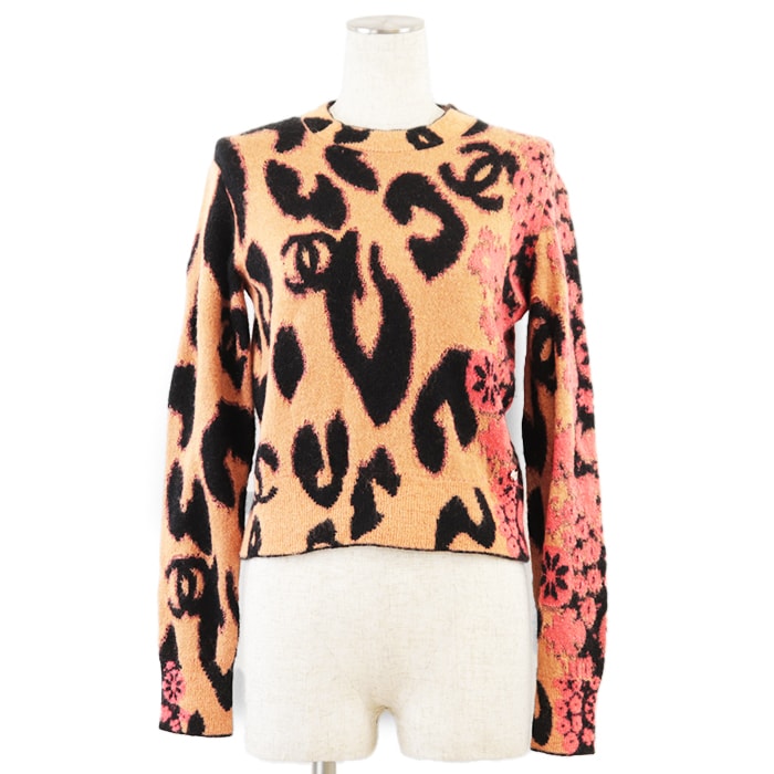 美品 シャネル P75361 ジャイアント COCOマーク レオパード カシミヤ × モヘア セーター クルーネック ニット レディース カッパー ブラック ピンクレッド 36 CHANEL