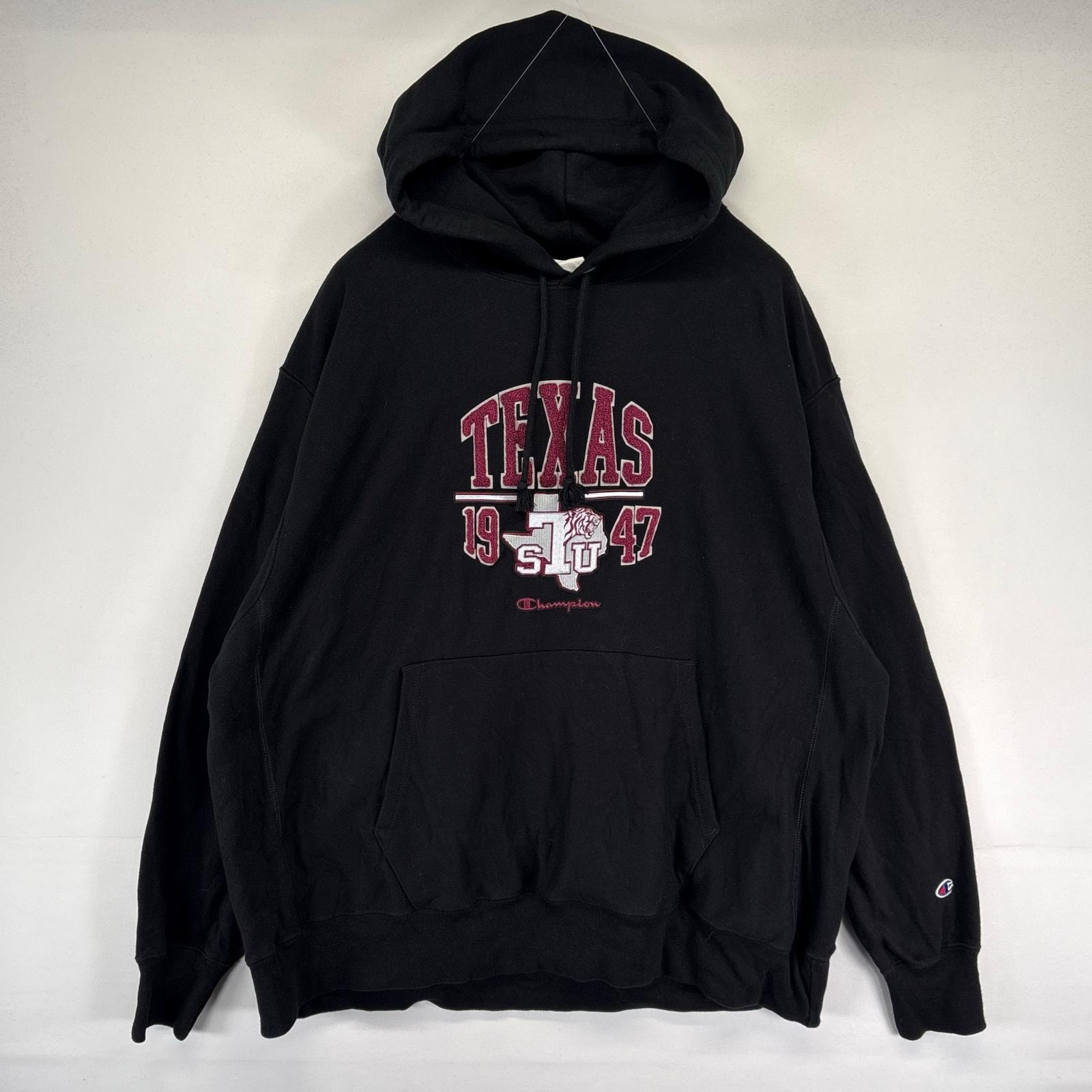 古着 チャンピオン Champion パーカー リバースウィーブ カレッジロゴ 大きいサイズ プルオーバー 2XL  ブラック系 メンズ