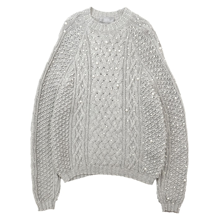 【美品】Dior ディオール ニット ウール/カシミヤ サイズ S メンズ フェイクパール ローゲージ オーバーサイズ ラウンドネック ロングスリーブ 長袖 トップス グレージュ 灰色 イタリア製