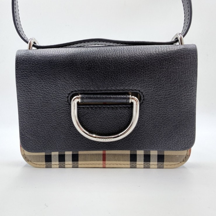 BURBERRY(バーバリー)ミニ ヴィンテージチェック&レザー Dリングバッグ ヴィンテージ ショルダーバッグ レディース ブラック レザー シルバートーン金具 8010959