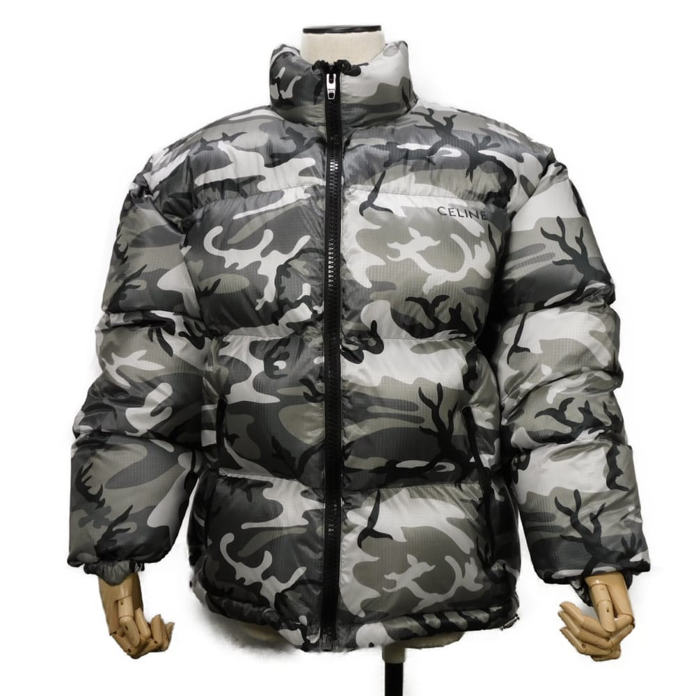 CELINE セリーヌ カモフラ ダウン 44 迷彩 ドローコード 総柄 155/80A 未使用 ロゴ グレー ダウンジャケット 2W771153Q.38GR