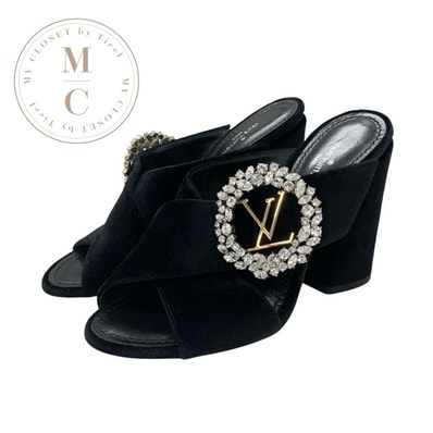ルイヴィトン LOUIS VUITTON サンダル 靴 シューズ ベロア ブラック 黒 LVロゴ ビジュー ミュール
