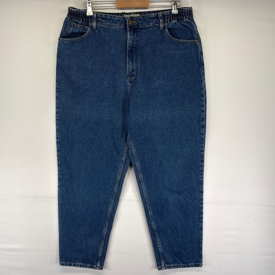 古着 エルエルビーン L.L.Bean デニム パンツ イージーパンツ レザーパッチ ジッパーフライ テーパード 18PET ブルー系 レディース