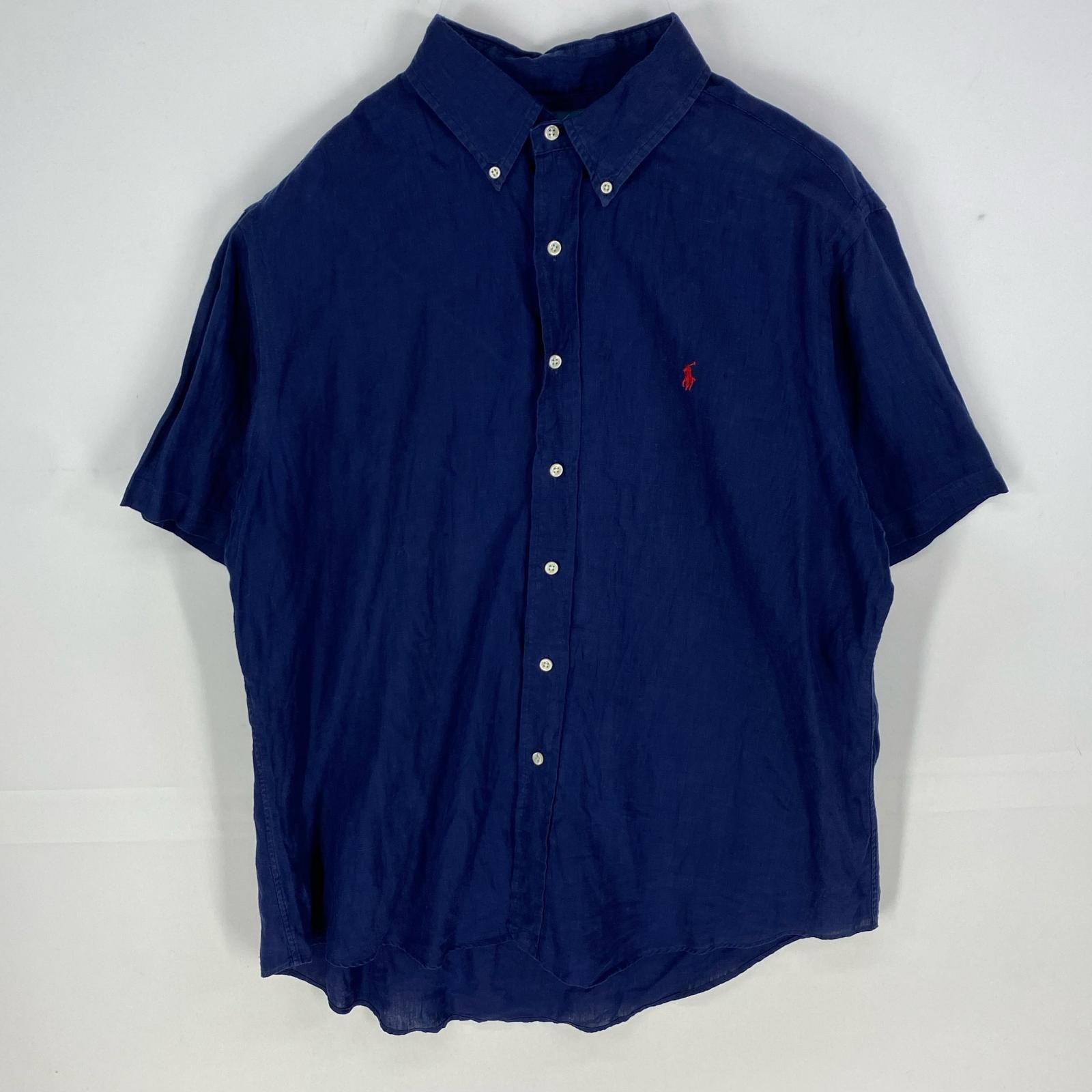 古着 ラルフローレン RALPH LAUREN 半袖シャツ 刺繍ロゴ ワンポイント リネンシャツ ボタンダウン XL  ネイビー系 無地 メンズ