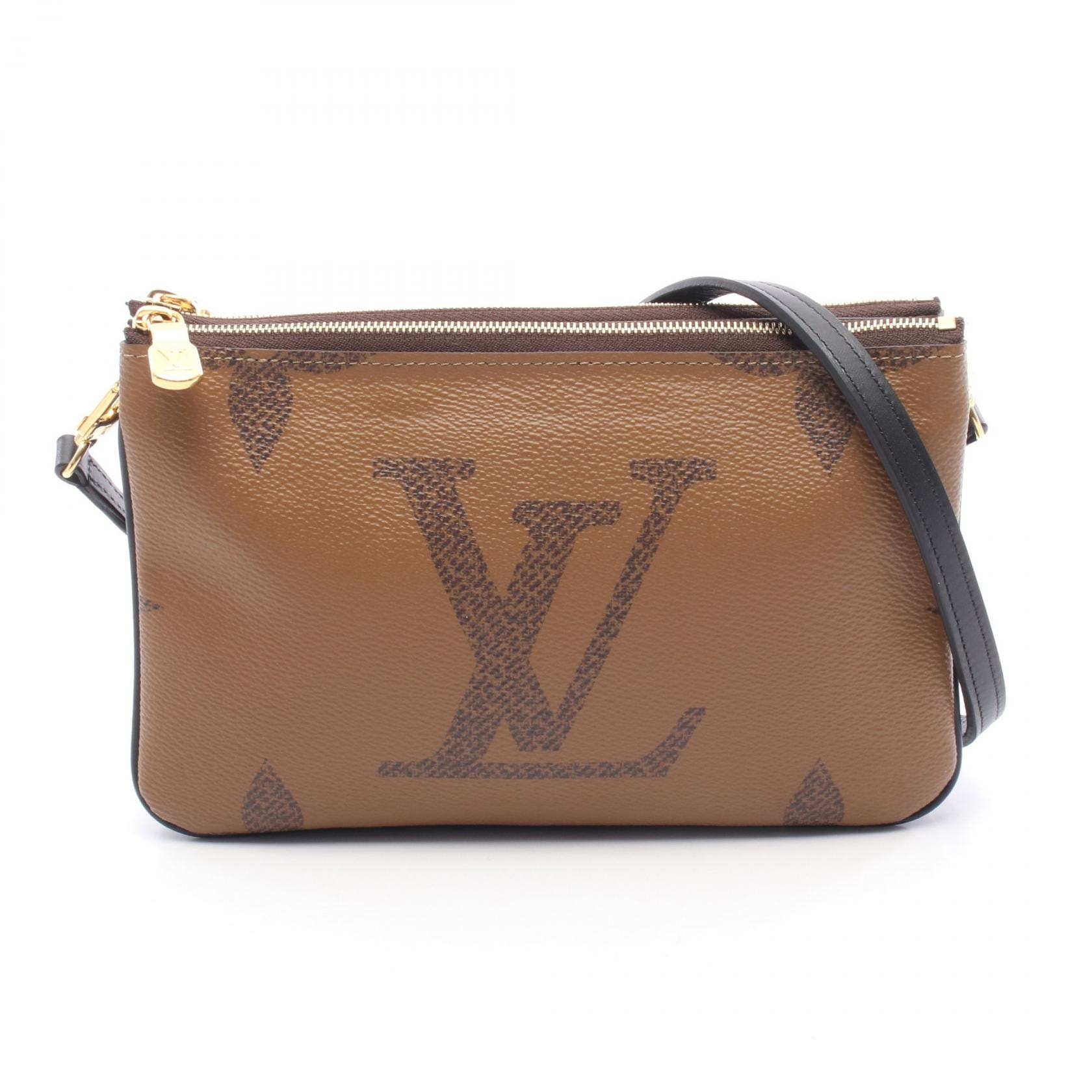 ルイ・ヴィトン LOUIS VUITTON ポシェット ドゥーブル ジップ ショルダーバッグ バッグ PVCコーティングキャンバス レザー モノグラム・ジャイアントリバース ベージュ レディース ブラウン系 / ベージュ系 M69203 【中古】