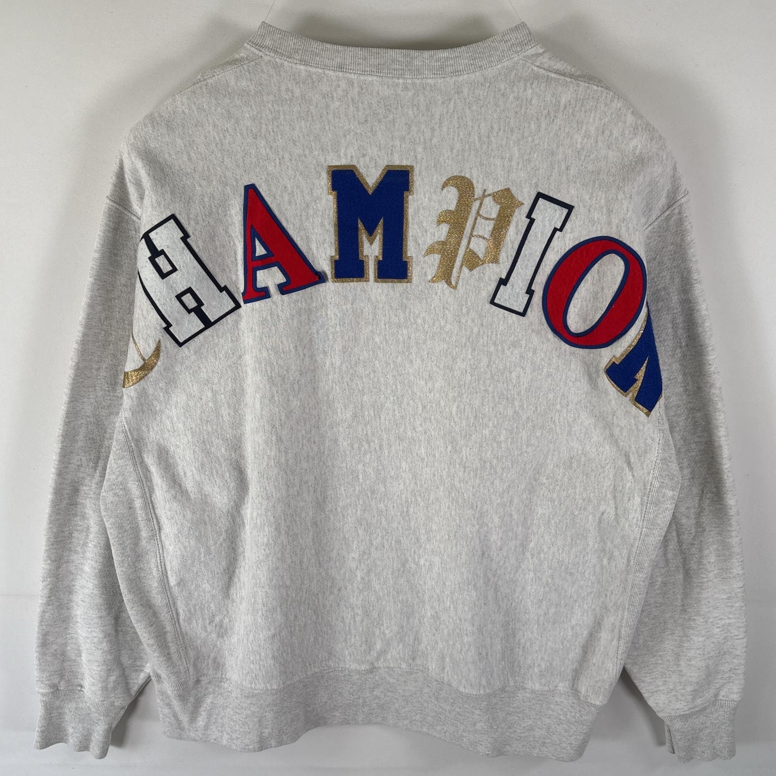 古着 チャンピオン Champion スウェット リバースウィーブ トレーナー クルーネック バックロゴワッペン刺繍 大きいサイズ グレー メンズ