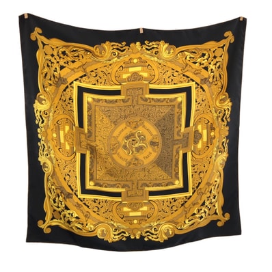 美品 HERMES エルメス 太陽の動物たち カレ90 ブラック イエロー マルチカラー シルク スカーフ 602765 【中古】