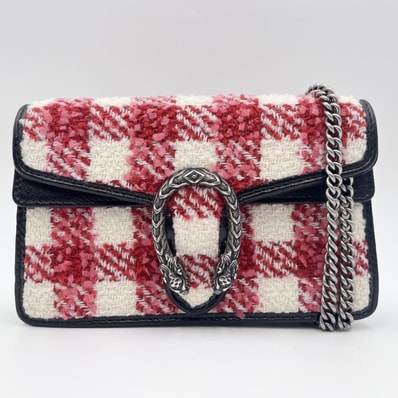 GUCCI(グッチ)ディオニュソス GGツイード スーパーミニ チェーンショルダーバッグ ツイード レッド ホワイト レザー シルバー金具 476432【中古】