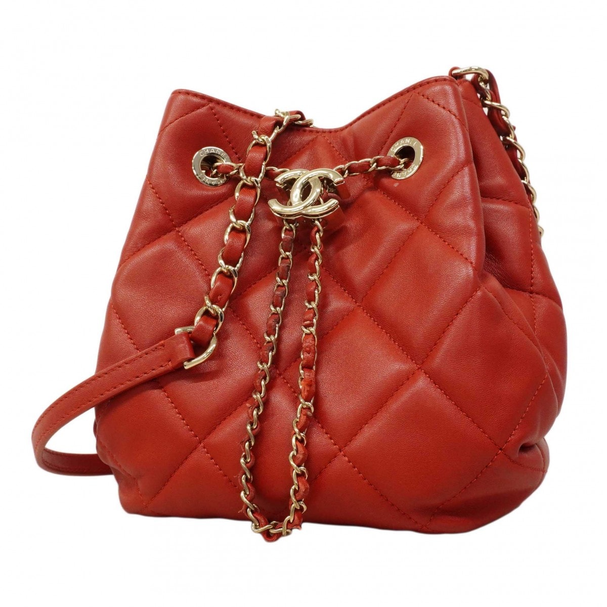 【6dc3112】シャネル ショルダーバッグ マトラッセ チェーンショルダー ラムスキン レッド シャンパンゴールド金具【中古】レディース