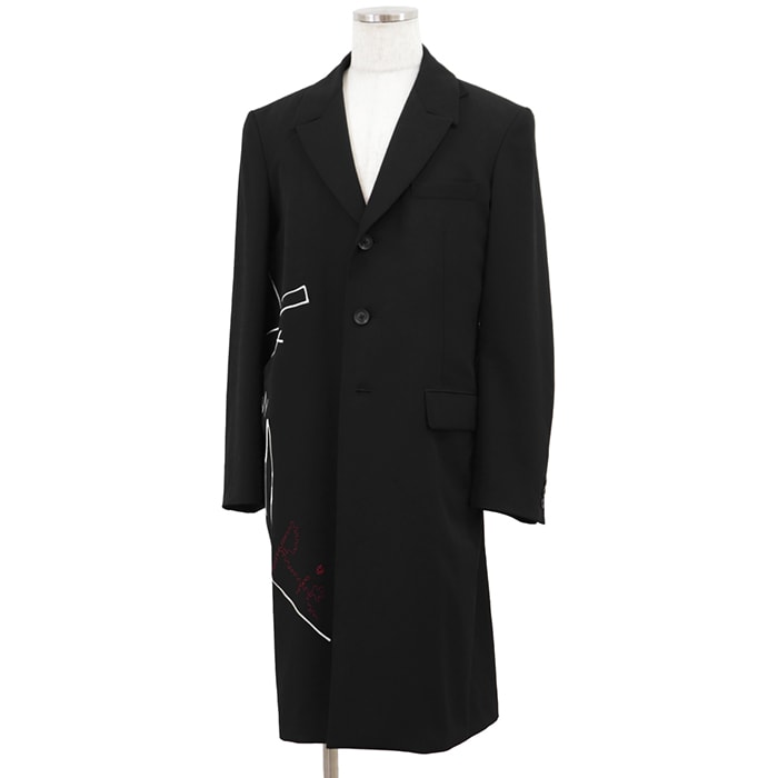 【極美品】Yohji Yamamoto POUR HOMME ヨウジヤマモトプールオム ロングジャケット サイズ 2 メンズ RIE MIYAZAWA 宮沢りえ エンブロイダリー 刺繍 ウール100% アウター ブラック 黒 日本製