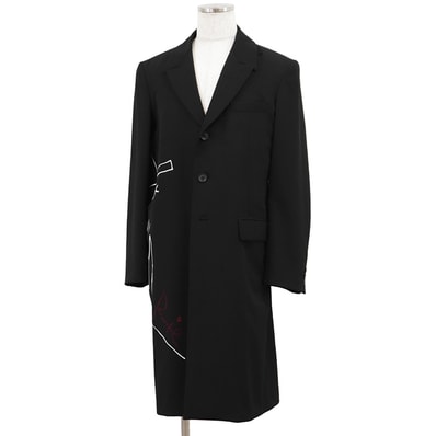 【極美品】Yohji Yamamoto POUR HOMME ヨウジヤマモトプールオム ロングジャケット サイズ 2 メンズ RIE MIYAZAWA 宮沢りえ エンブロイダリー 刺繍 ウール100% アウター ブラック 黒 日本製